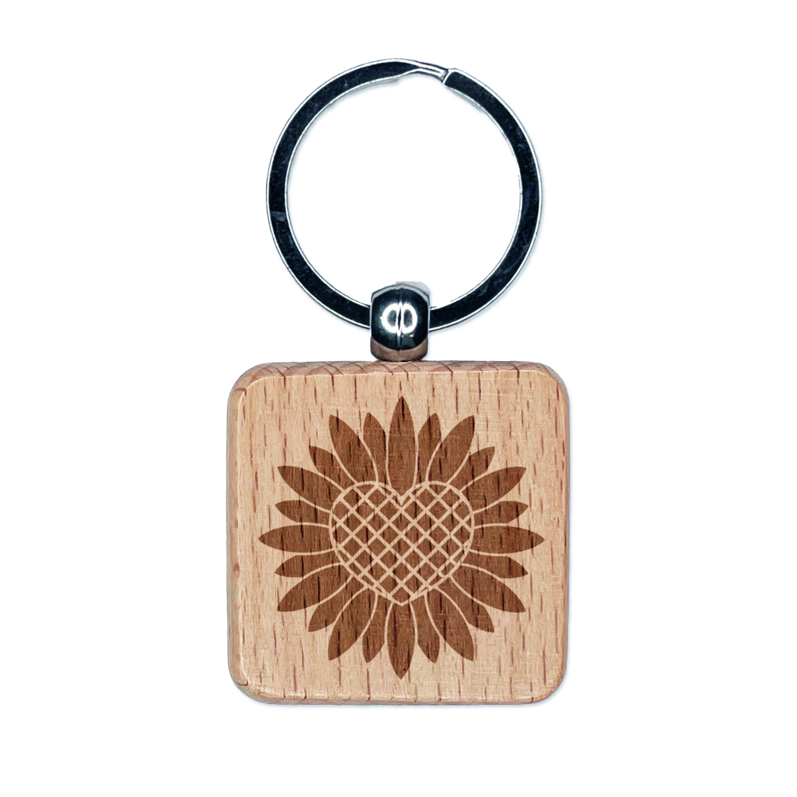Geometric Heart Sunflower Engraved Wooden Square Keychain Charm