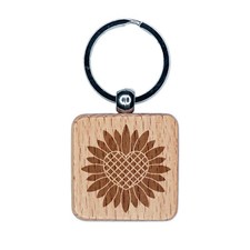 Geometric Heart Sunflower Engraved Wood Square Keychain Tag Charm