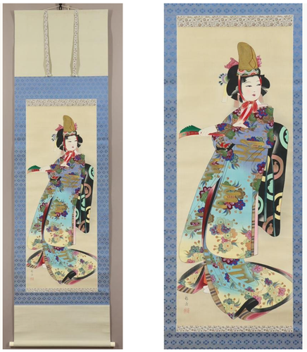 JAPANESE PAINTING HANGING SCROLL kakejiku vintage Maiko Bijinga Terukata Ikeda - Picture 2 of 10