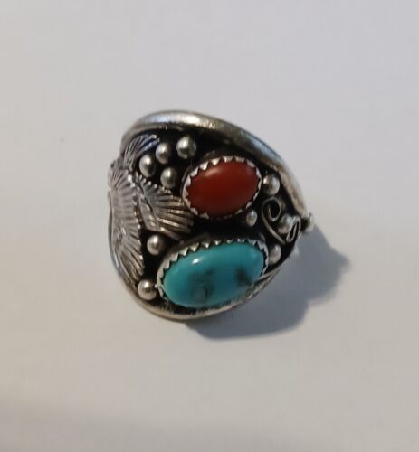 925 silver turquoise & coral ring sterling Marked 