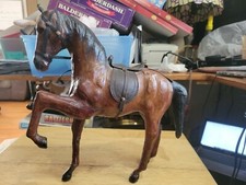 Large Antique Paper Mache Horse With Leather Saddle, Bridle And Ears Head Up