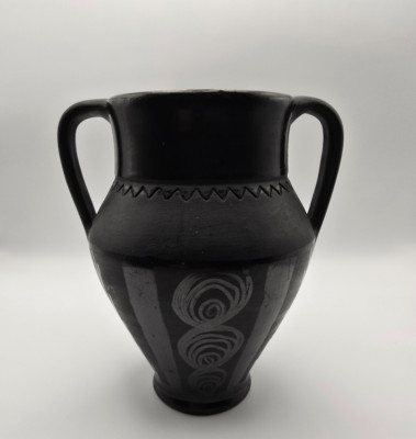 Handmade Romanian Marginea Folk Art Black Pottery Vase Matte 5'' - Signed Vintage
