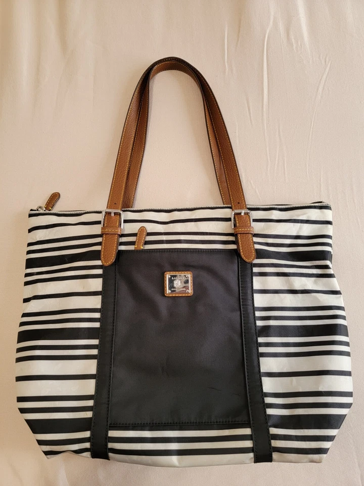 Ralph Lauren нейлона сумка с короткими ручками наплечная сумка черный и белый в полоску дорожная сумка сумочка - Изображение 3 из 4