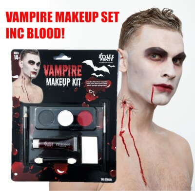 Vampir Make Up Set Halloween Kunstblut Gesichtsfarbe Spezial FX Schwamm Unisex