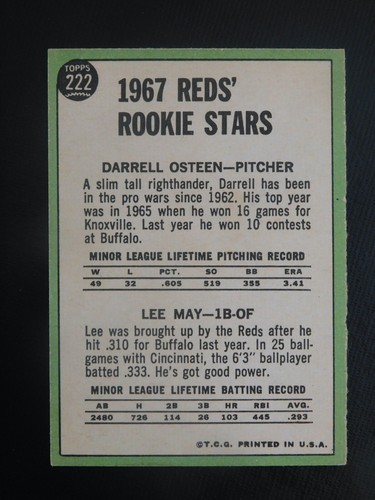 Tarjeta de béisbol Topps #222 1967 de Lee May radiocontrol (nueva en conjunto) - Imagen 2 de 2