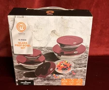 Master Chef 10pc Clear Glass Food Prep Bowls with Burgundy Lids Set NIB!