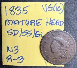 1835 N 3 R3 Coronet Mature Head Large Cent: VG Condition Reynolds Coin w/ Slip