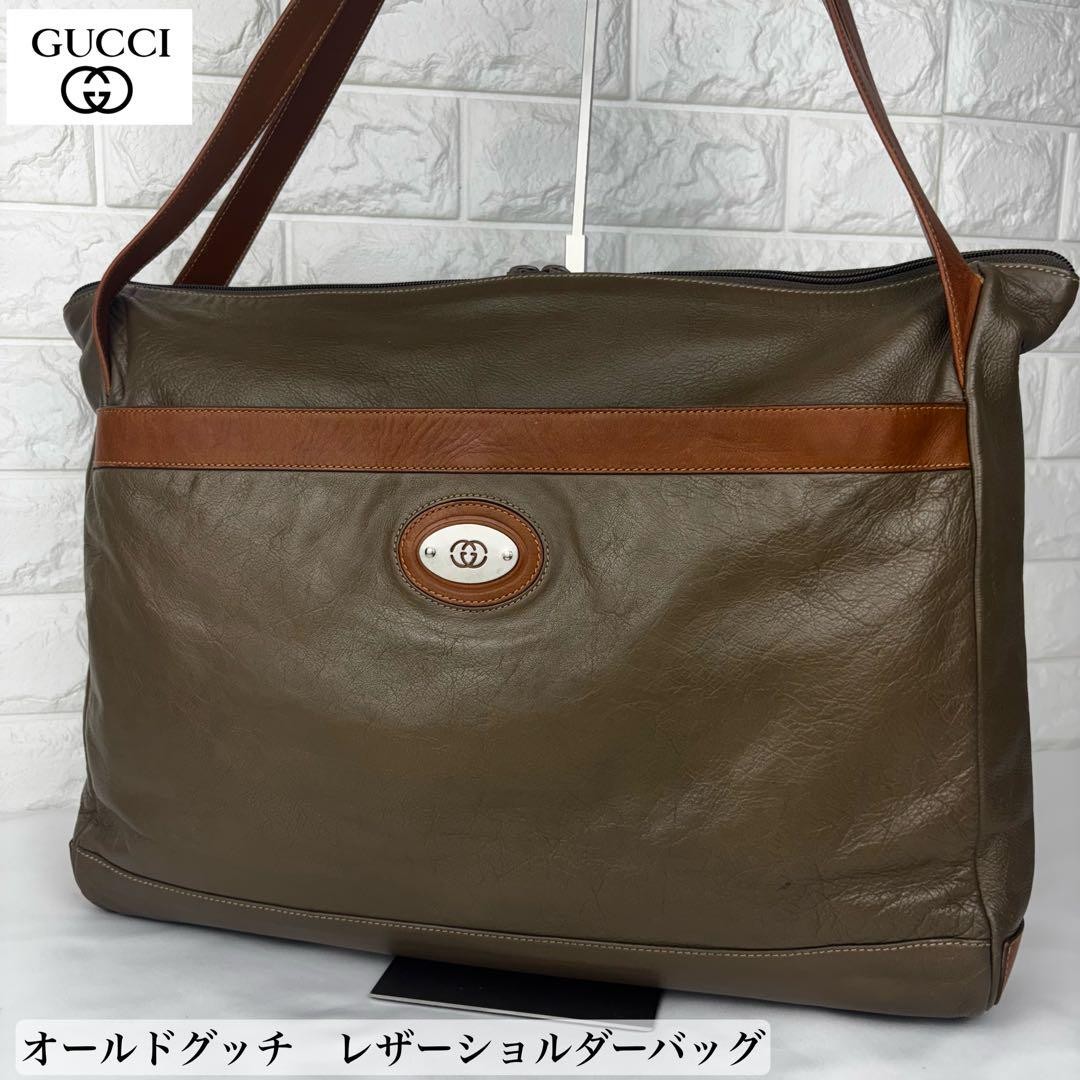 Vintage Gucci 70s Olive Green Leather Tote Bag 15.7x11.0x3.1 in Used Condition