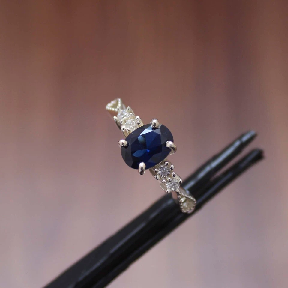 Lab-Created Blue Sapphire Halo Engagement Ring 925 Sterling Silver  Gift for Her - Image 2 of 4