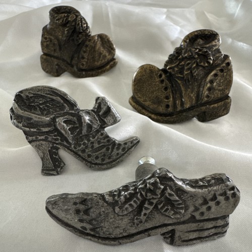 Cast Metal Cabinet Knobs Shoe Boots Set of 4 Drawer Pulls His Hers Victorian VTG