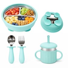 Stainless Steel Toddler Plates with Suction, Baby Feeding Set with Divided Pl...