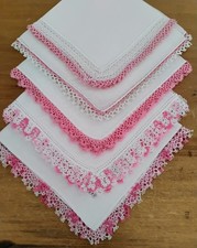 Vgt Lot Of 5 White Linen Pink Tatting Hankies Handkerchiefs