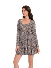 Women's Leopard Print Pleated Midi Dress - High Stretch Long Sleeve Round Neck S
