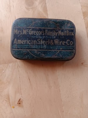 Vtg Mrs McGregors Family Nail Box Hindged Tin Box American Steel & Wire Co