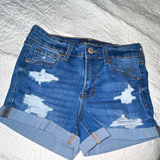 Aeropostale High Rise Midi Denim Shorts Size 0 Distressed Cuffed MediumWashjeans
