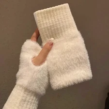 1 Pair Winter Plush Fingerless Gloves Women Warm Soft Knitted Wrist Mitts - NEW
