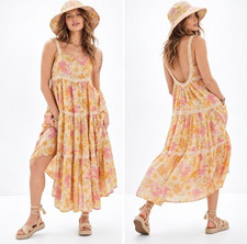 American Eagle Dress Womens Small Yellow Pink Floral Maxi Boho Open Back