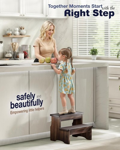 Wooden Two Step Stool, Heavy Duty 2-Step Ladder for Adults & Kids, Walnut - Picture 6 of 8