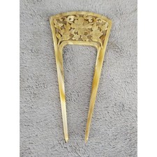 Vintage Faux Tortoise Shell Carved Floral Hair Fork Comb Beige Marbled U-Shape