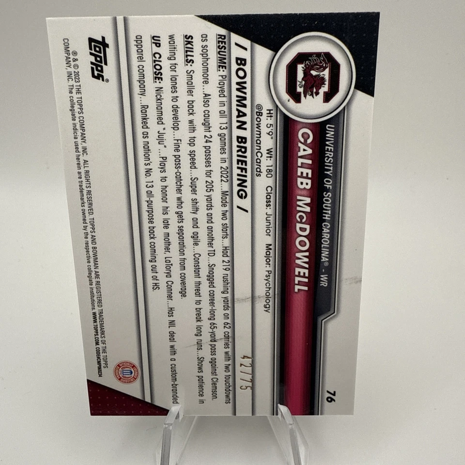 2023 Bowman University Football Sapphire #76 CALEB MCDOWELL 1ST ~ Yellow /75 🔥 - Image 2 of 4