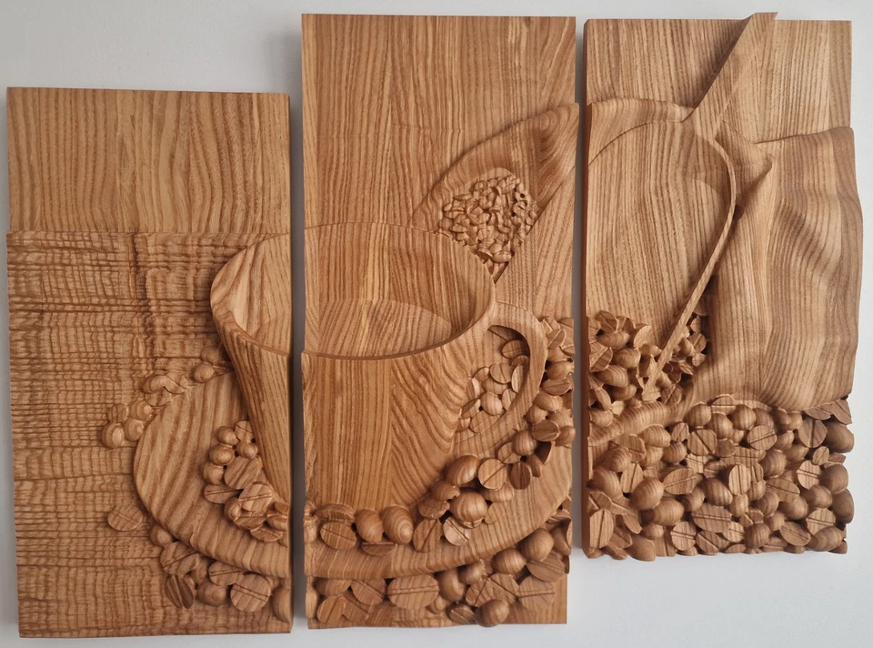 Coffee Bar Wooden Wall Hanging | Rustic Kitchen Decor | 3 Panel Ash Wood Art - Image 2 of 4