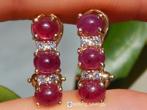 14K YELLOW GOLD EFFY 2.00tcw RUBY CABOCHON DIAMOND 7/10 INCH OMEGA BACK EARRINGS - Picture 5 of 11