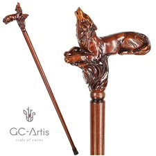 Wooden Walking Cane - Wolf Hand carved walking stick for men women