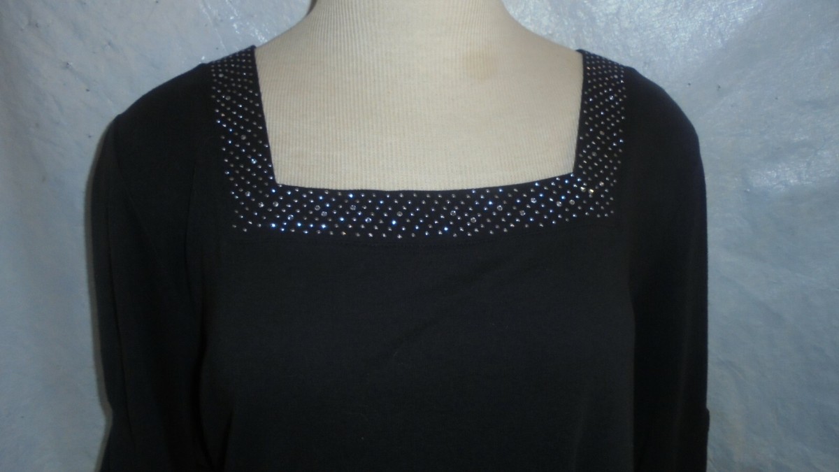ZENA, BLACK KNIT TOP/ STUDS & CZ'S AROUND SQ. NECK SZ 22/24