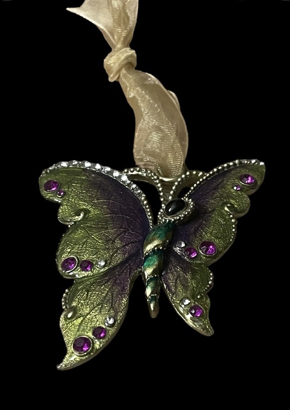 Fancy Purple Jeweled Green Olive Gold Butterfly Ornament Or Necklace