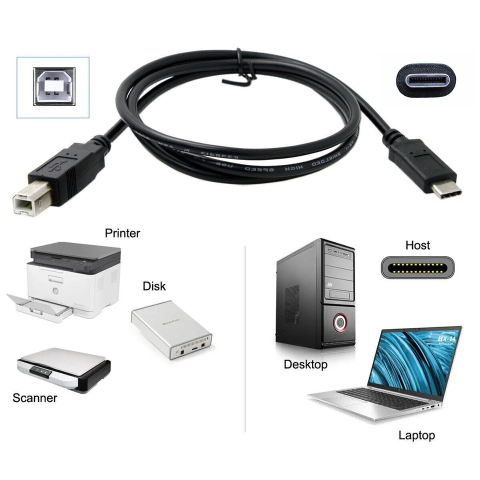 USB 3.1 Type C USB-C Male to USB 2.0 B Type Male Data Cable for Phone & Macbook - Image 2 of 4