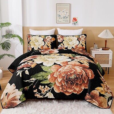 Queen Size 3-Piece Botanical Floral Quilt Set - Lightweight