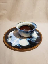 Studio Art Pottery Chip & Dip Serving Platter and Bowl Blue Brown and Cream