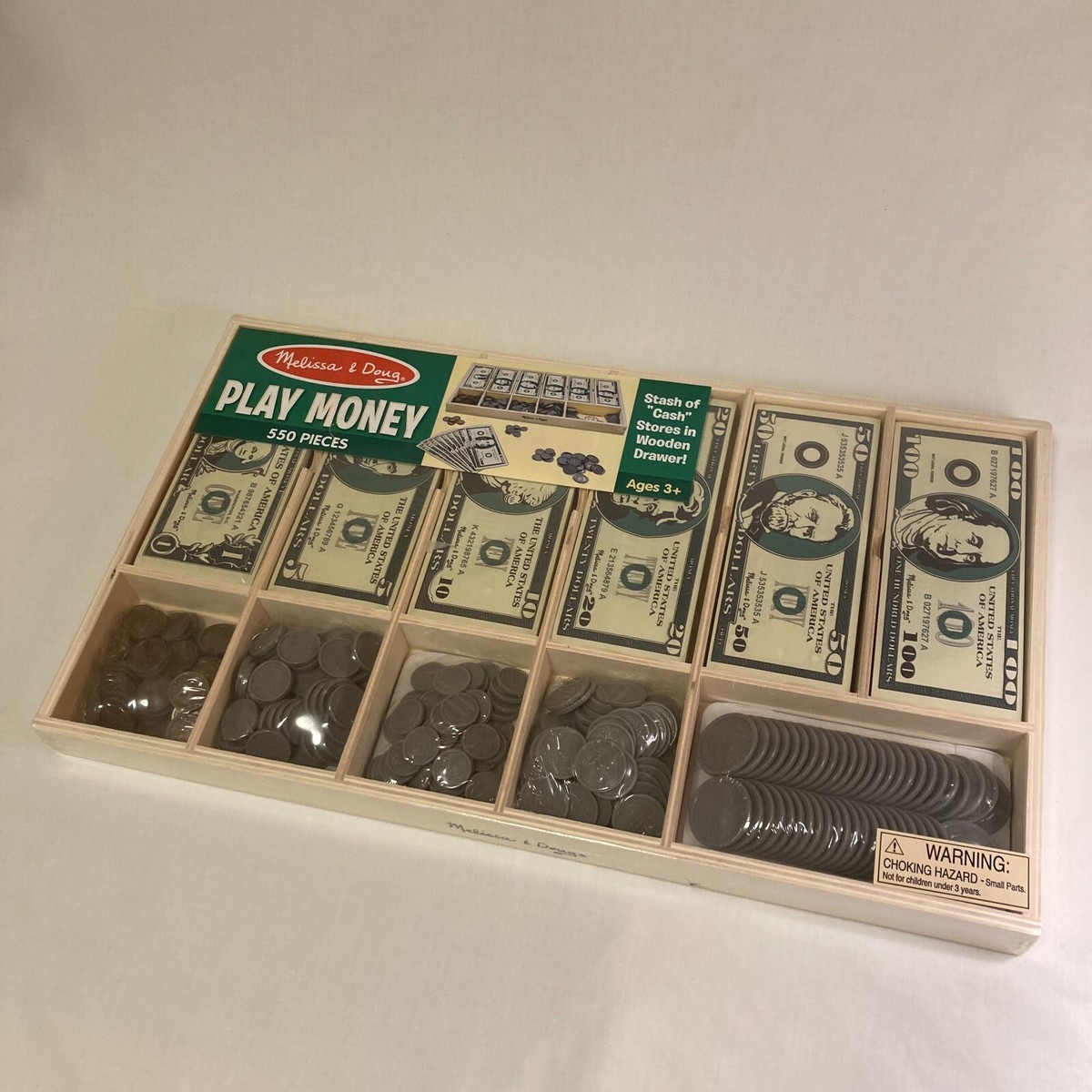 Melissa And Doug Classic Toy Play Money Set 550 pieces Wooden Drawer NEW  Sealed | eBay