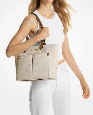 New Michael Kors Jet Set Travel Medium Double Pocket Tote Optic White MSRP $498