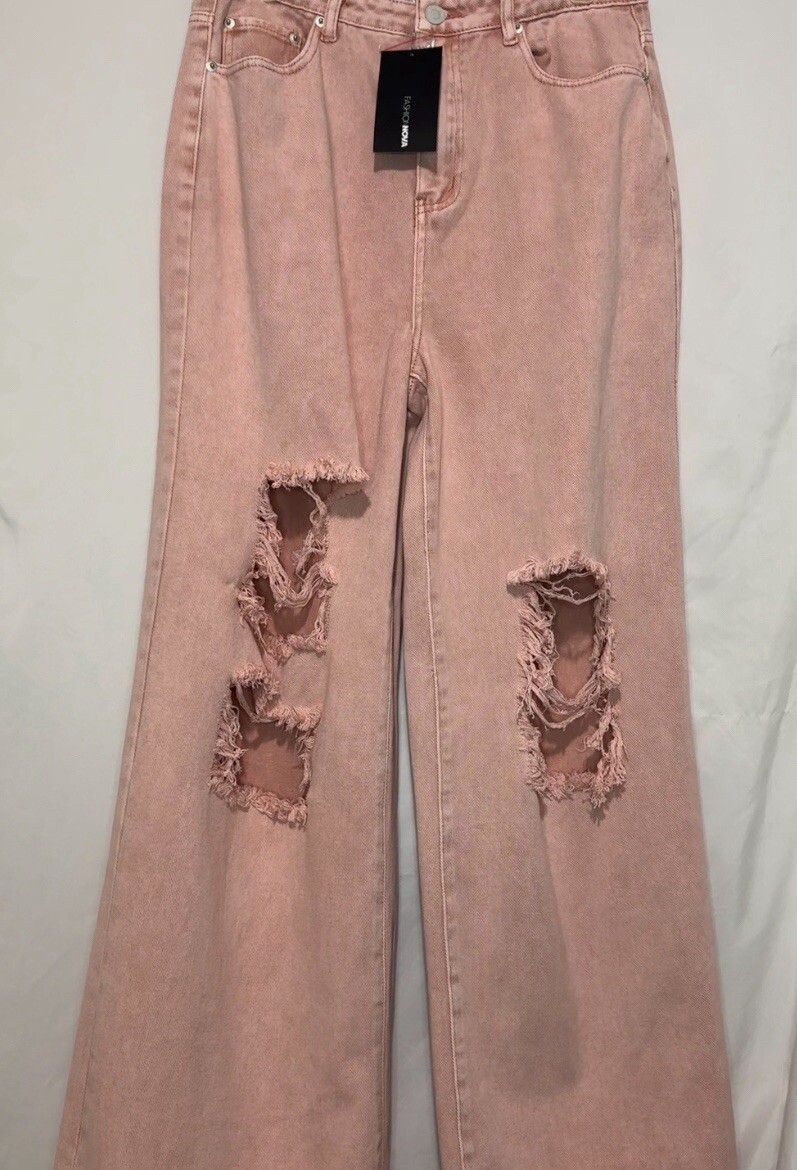 Pink Fashion Nova Wide Leg Distressed Jeans Size 11 image 2