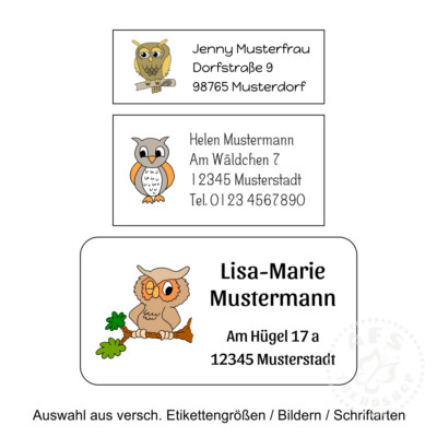 1 Bogen Adressaufkleber Eule mit Ihrem Text - Größe wählbar