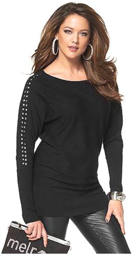 NEW: LONG SWEATER STUDDED EMBELLISHMENT BATWING SLEEVES 32 MELROSE Black *763966