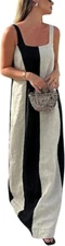 Women Summer Sleeveless Linen Dress Contrast Color Maxi Long Beach Vacation Tank