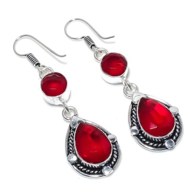 Red Garnet Gemstone Handmade 925 Sterling Silver Jewelry  Earring Sz 1.90''