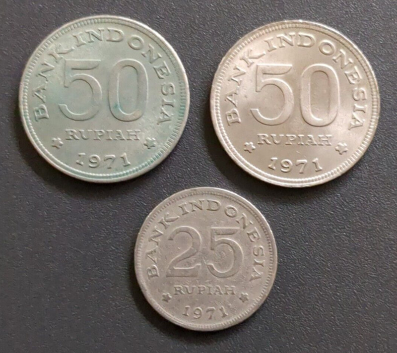 Indonesia 50 Rupiah and 25 Rupiah coins, 1971, lot of 3