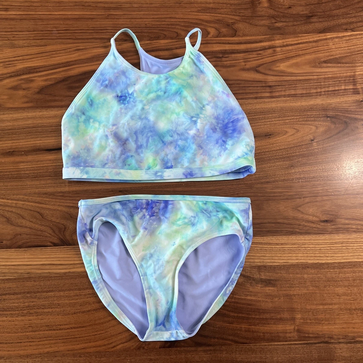 Athleta Girl Two Piece Ice Dye Cool Waves Sz XL 14 Swim Suit Bikini Blue  Purple