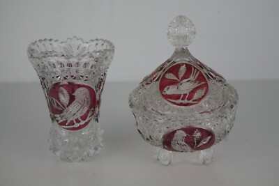 Vintage (70er) Hofbauer Rubin Byrdes Deckel Bon Bon Schale & kleine Vase Duo