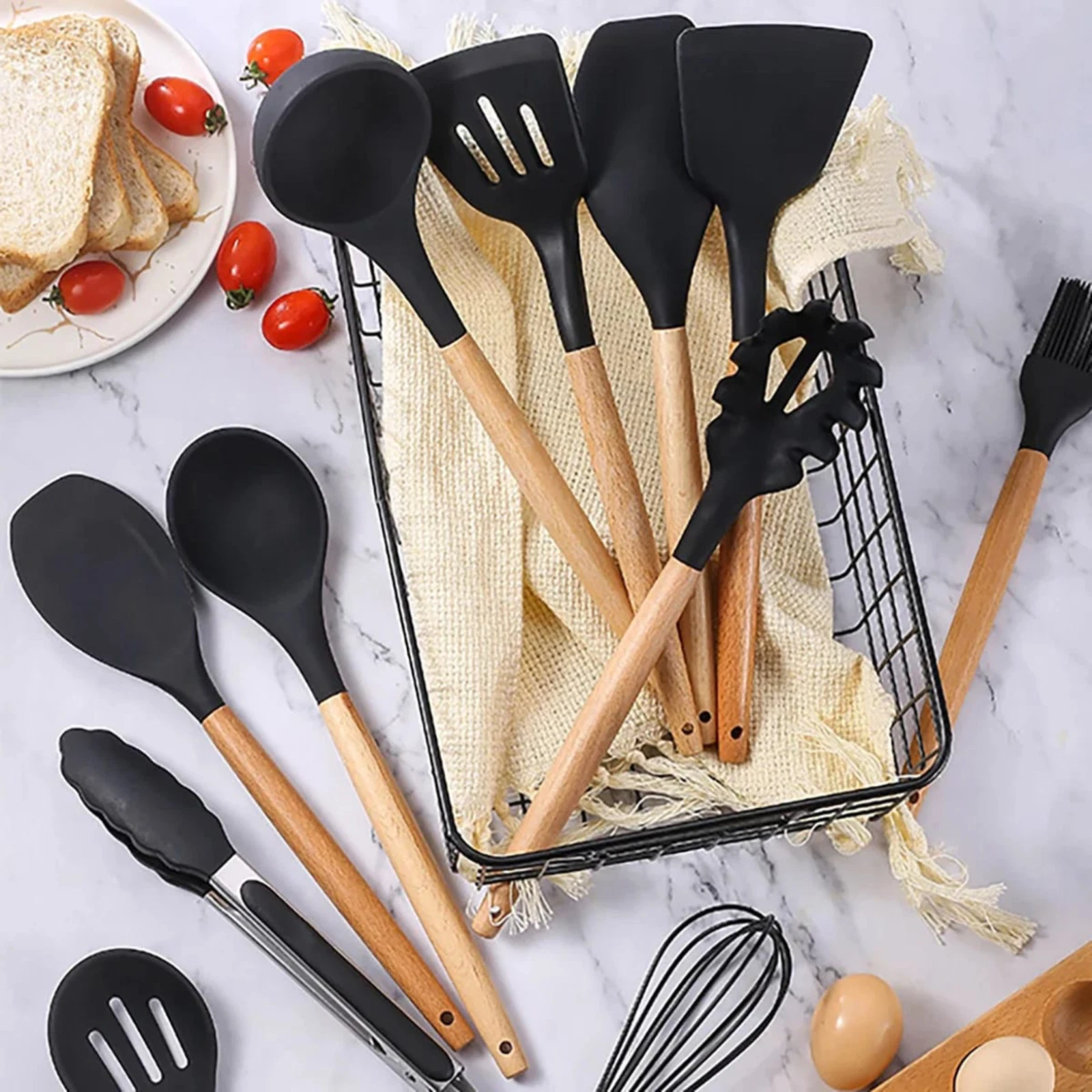 12PCS Silicone Kitchen Utensils Set Cooking Spoon Spatula Whisk Tools Holder