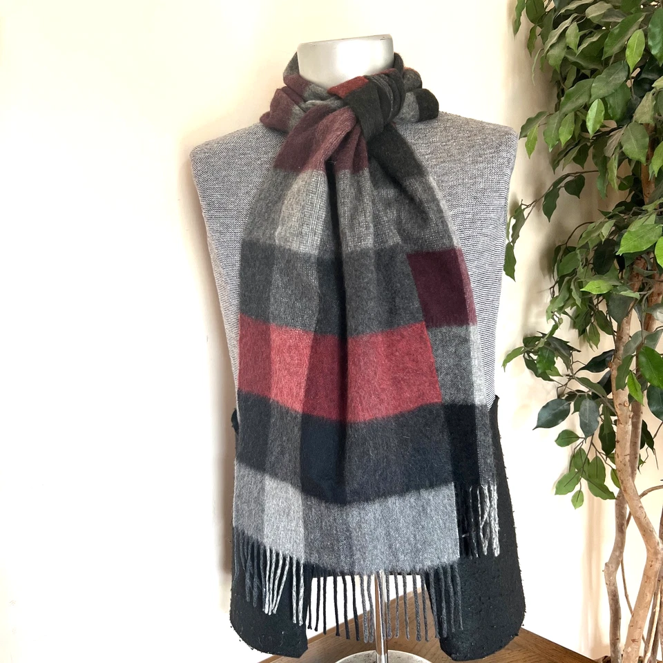 Nordstrom Tienda Para Hombres 100% Cachemira Bufanda Cuadros Gris Negro Borgoña Flecos Clásico Foto 4 de 4