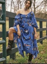 Blue Floral Boho Midi Dress Square Neck Balloon Sleeve Smocked, Size S