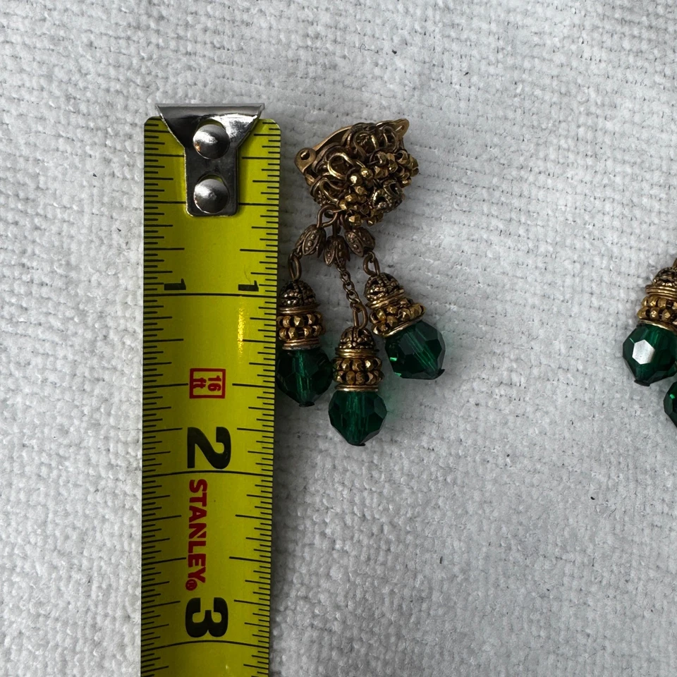 Винтажный подвеской зажим на серьги золотистый зеленый граненый бусина - Изображение 4 из 4