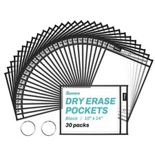 30 Packs Oversized Reusable Dry Erase Pocket Sleeves with 2 Rings, Black 10x1...
