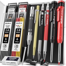 Nicpro 11 Pack Carpenter Pencil Set with Sharpener, Mechanical 15 Pack, Black