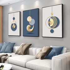 3pcs Set Modern Abstract Wall Art Painting Golden Blue Minimalist Graphic Prints