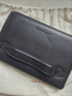 Salvatore Ferragamo Black Zipper Clutch Pouch, Silver Hardware